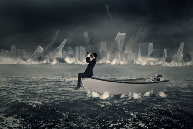 A man in a boat views a storm through binoculars as buildings fall behind him, symbolising social media storms