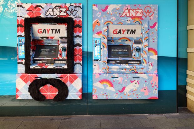 Sydney, Australia - February 23, 2016 ATM for Sydney's gay community and visitors of the Sydney Gay and Lesbian Mardi Gras festival in a male and female edition with beard and unicorn.