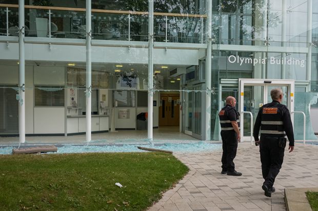 Buildings within Teesside University have their windows smashed as far-right activists hold a demonstration in Middlesbrough on August 04, 2024