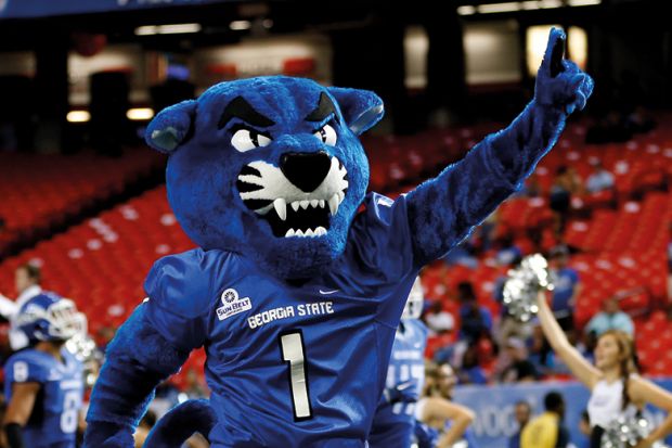 The Georgia State mascot leads the GSU team onto the field before the season-opening game for Georgia State University 