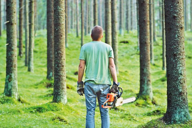 Man holding a chainsaw in a forest