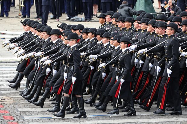 Students of the Ecole Polytechnique school march during the traditional Bastille Day military parade. France