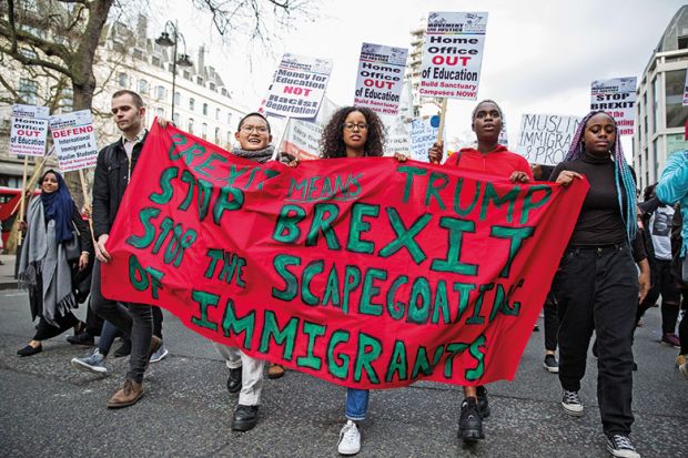 Students join anti-racist campaigners from groups including Movement for Justice to march through Central London