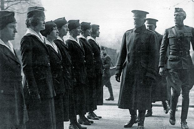 General John Pershing inspects female telephone operators serving in Europe