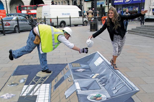 A street performance dressed as a builder balancing 