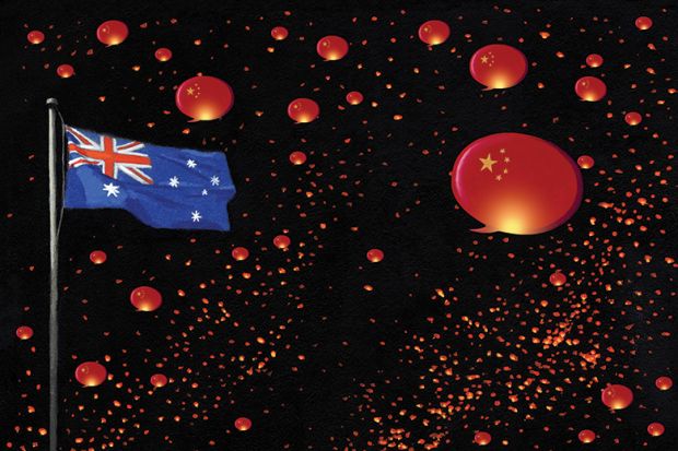 Australian flag with Chinese speech bubbles / lanterns