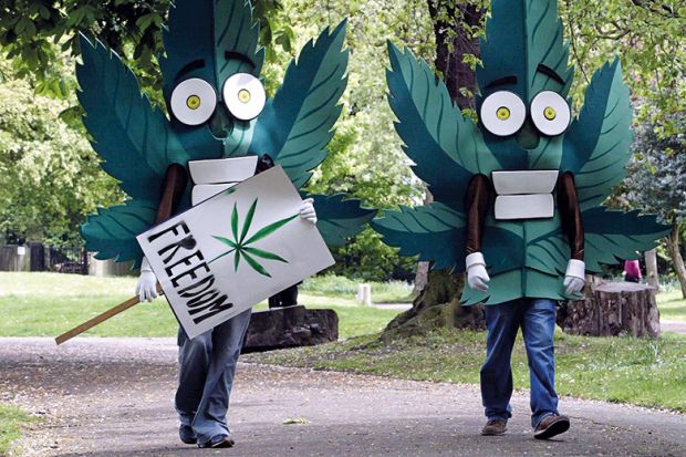 Two people dressed as cannabis leaves