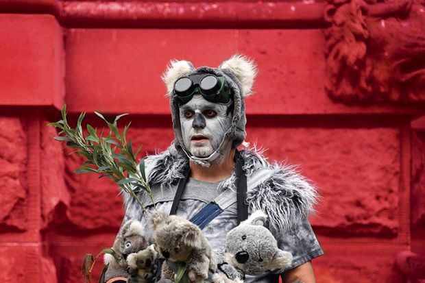 A demonstrator dressed as a "homeless koala" attends a climate protest rally in Sydney on December 11, 2019