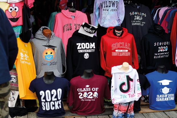 Shop for t-shirts including "ZOOM UNIVERSITY," "SOCIAL DISTANCING," and "2020 SUCKS" on May 24, 2020 in Wildwood, New Jersey