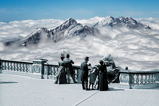 Montage of historical people wearing top hats and holding parasols overlooking mountain peaks and clouds.