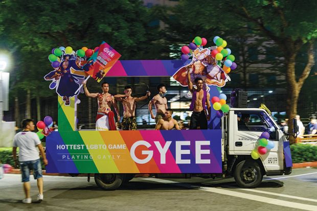A float  advertising LGBT video games at the Taiwan 2019 LGBT Pride Parade