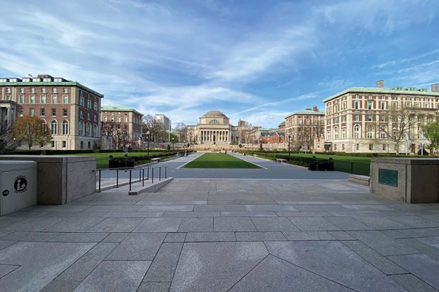 A wide view of the campus lawn at Columbia University during the coronavirus pandemic on April 14, 2020 in New York City.