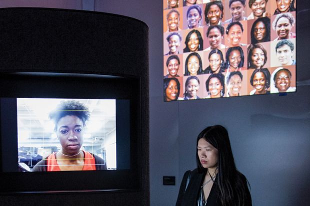 'AI, Ain't I A Woman' by Joy Buolamwini/ The Algorithmic Justice League is displayed as part of the 'AI: More than Human' exhibition at the Barbican Curve Gallery on May 15, 2019 in London