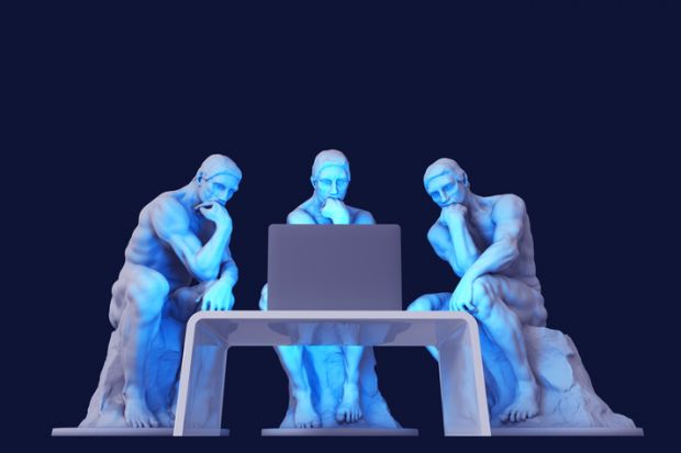 Three thinker statues stare at a computer screen