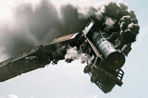 Train crashing off tracks, The Lone Ranger, 2013