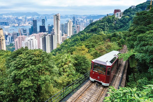 Tram travelling uphill, Victoria Peak, Hong Kong