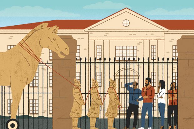 Illustration of a Trojan horse outside a university