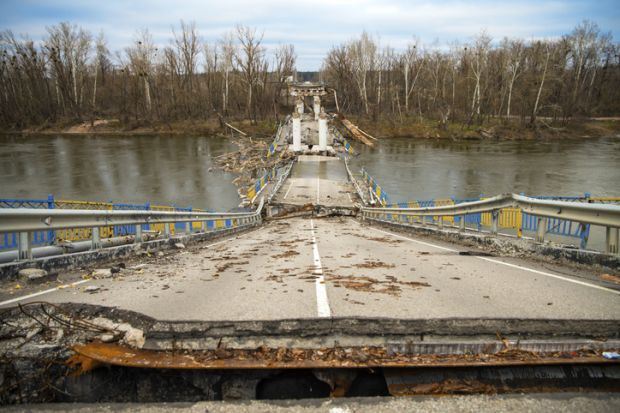 A destroyed bridge in Ukraine