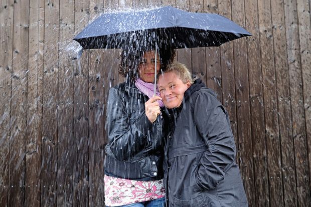 Under an umbrella