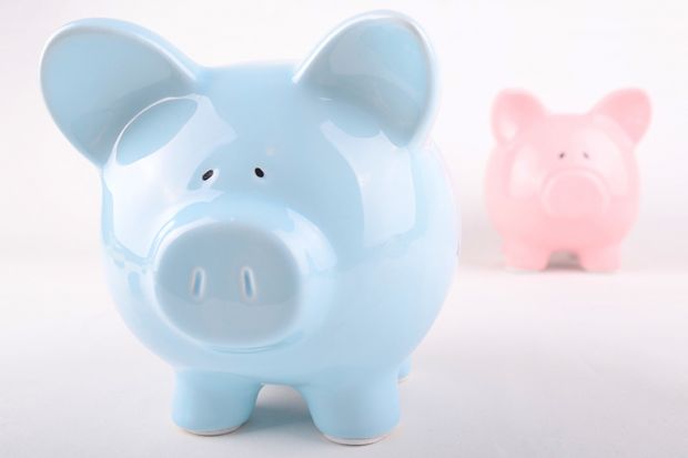 Wage inequality illustrated by blue and pink piggybanks