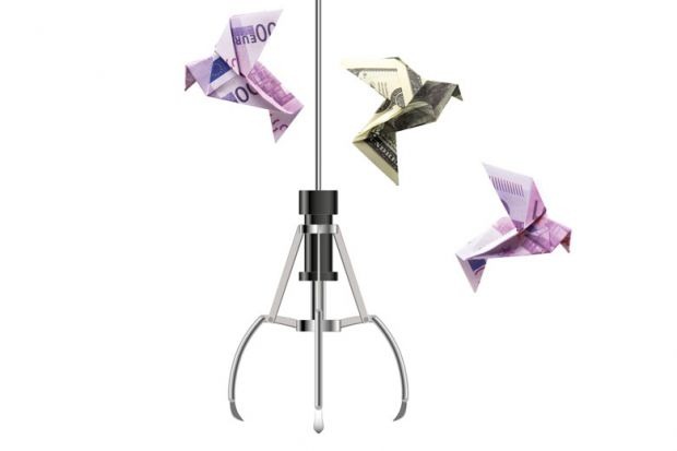 Montage of a money grabber claw with origami birds made out of bank notes to illustrate Some money would be nice