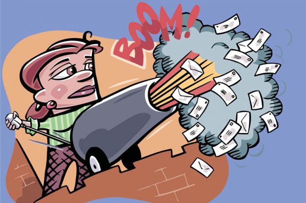 Illustration of person lighting cannon with envelopes exploding to illustrate spam emails within the university