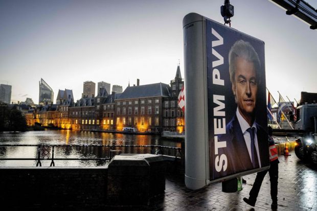 An election sign of Party for Freedom (PVV) leader Geert Wilder to illustrate ‘Little sympathy’ for universities in new Dutch parliament