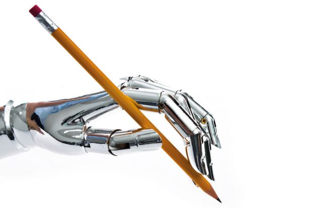 Robot's hand holding a pencil to illustrateIf machines do the writing, students won’t do the thinking