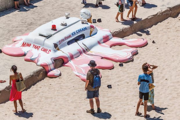 Sculpture of a melted ice cream van in Australia, New South Wales, Sydney, Tamarama Beach to illustrate International fee levy ‘will sap student sentiment’