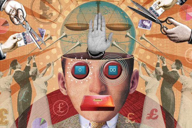 Illustration collage of a head with hand and scales inside and money cut and people playing long trumpets looking up at head to reflect GCRF cuts but having to support one particular cause is not academic freedom by-Miles-Cole.jpg