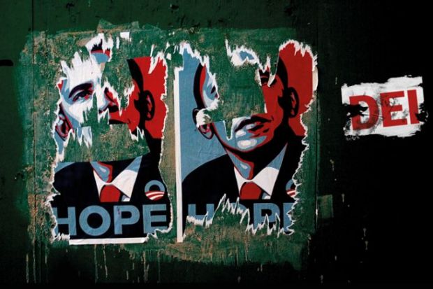 Torn poster of Barack Obama to illustrate what now for DEI in the US?