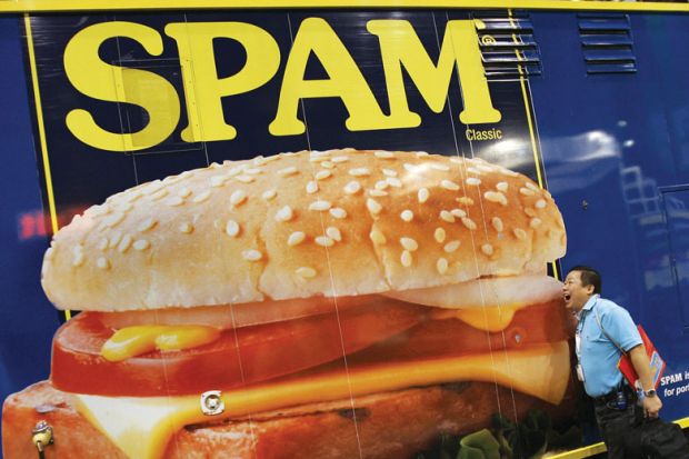 Poster of Spam with person pretending to eat it as a metaphor for  UUK ‘should sue predatory publishers over tsunami of spam’