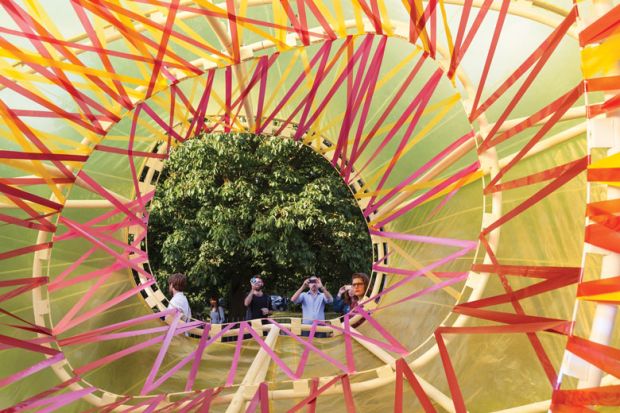 Red tape display at Serpentine Pavilion to illustrate red tape alert for research projects over national security law