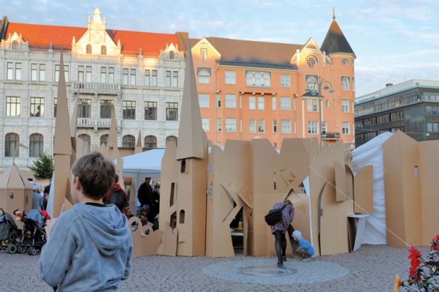 People have built a Cardboardistan, a cardboard city, in the Kasarmitori square at the Night of the Arts, Taiteiden Yo, Helsinki, Finland to illustrate Relaxed thesis requirements ‘devalue’ PhD, candidates fear