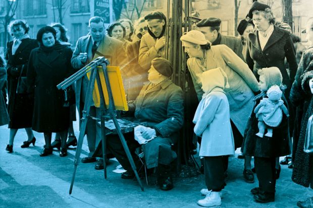 An artist sets up his easel on Montmartre in Paris, and immediately attracts a curious crowd of onlookers. 