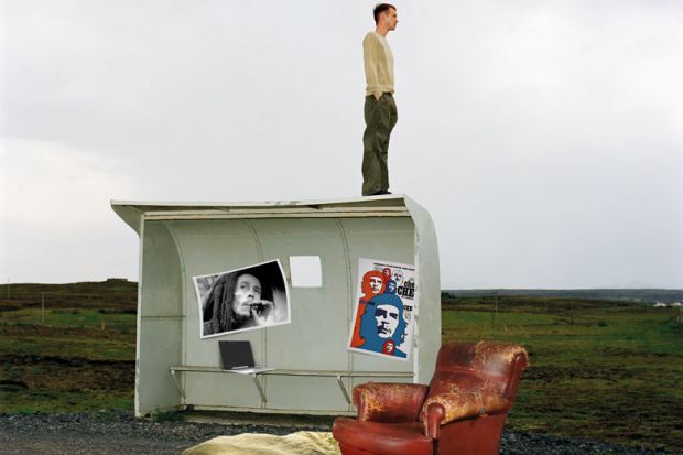 Montage of a man on top of an empty bus stop with an arm chair and sleeping bag to illustrate How can  we address the student housing crisis?