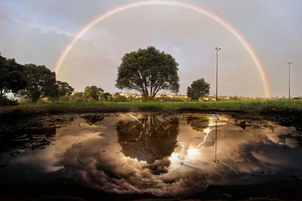 Montage: a rainbow is reflected in a puddle of water, in mono, in Auckland with lightning in the reflection to illustrate Without negative reviews, positive ones lose meaning