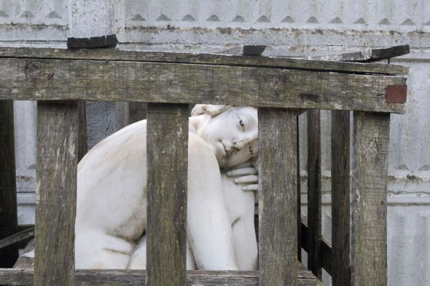 Marble female statue caged in a wooden crate to illustrate Scholars are wounded in  academia’s gender wars