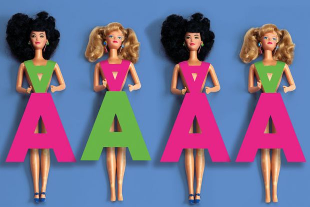 Four Barbie dolls wearing outfits out of the letter A to illustrate Assessment just damages everyone involved. I’m giving all my students As
