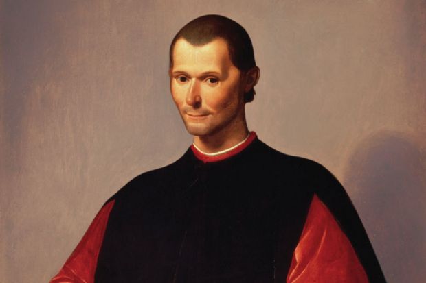 Painting of Niccolo Machiavelli by Santi di Tito with a blue bird in hand