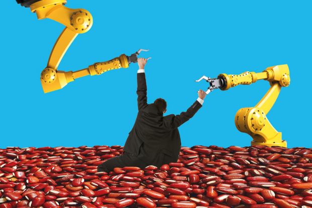 Montage image of a man holding onto robot arms to illustrate Can AI free universities from the institutional bean-counting scourge?