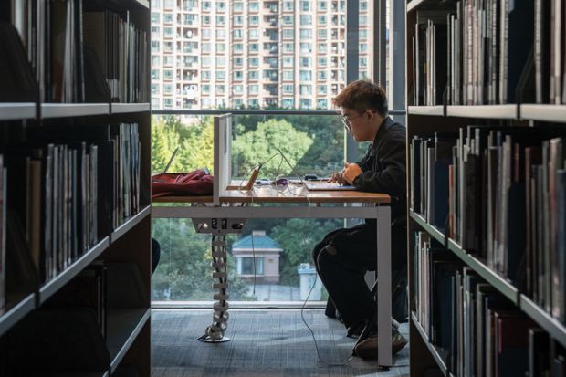 A student studies in the library at the New York University Shanghai campus, China.