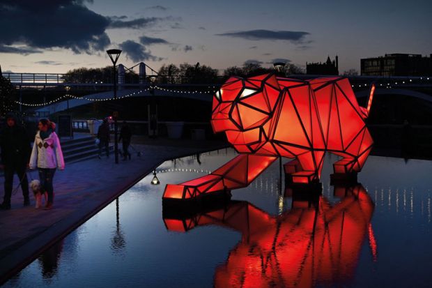 Light installation 'Digital Origami Tigers'  on the banks of the River Thames in London to illustrate Sir Paul Nurse: UK’s ‘weak’ Pioneer scheme ‘not a good bargaining chip’