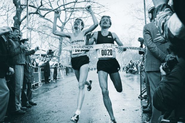 Winners of London's first marathon, Dick Beardsley, from Excelsior, Minnesota (L) and Inge Simonsen, from Norway, cross line as joint winners to illustrate European rectors rally around joint position on rankings
