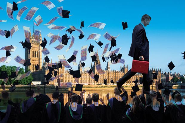 Montage of a The Houses of Parliament with Chancellor Jeremy Hunt holding THE budget case and notes and graduation caps floating to illustrate Does anyone know how much England’s HE system costs