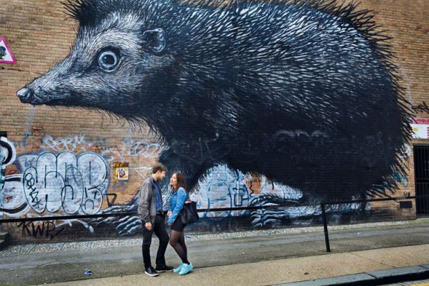 Giant hedgehog animal mural  in Shoreditch. East London, to illustrate Humanities’ crisis ‘overblown’, UK sector leaders say