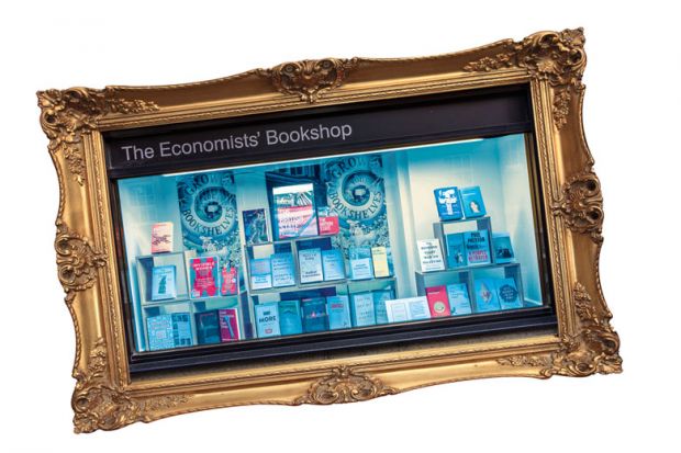 Montage of a book shop window inside a gold picture frame 