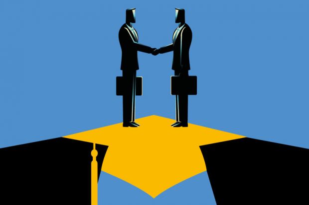 illustration of two people shaking hands stand on a bridge in the shape of a mortar board to illustrate HE must not retreat from international engagement