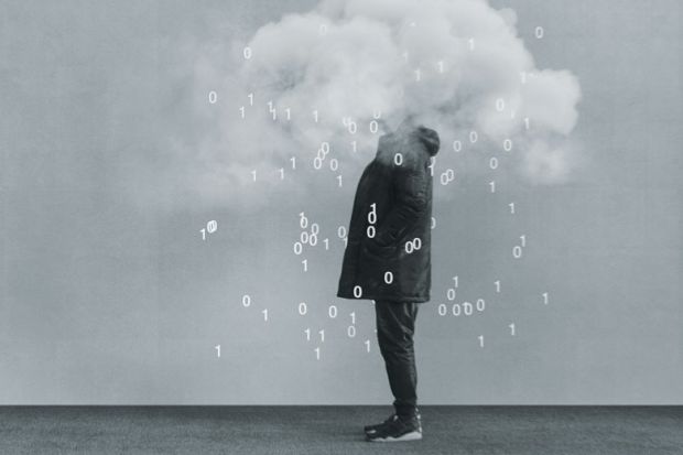 Casual young man with head in cloud and coding flowing out