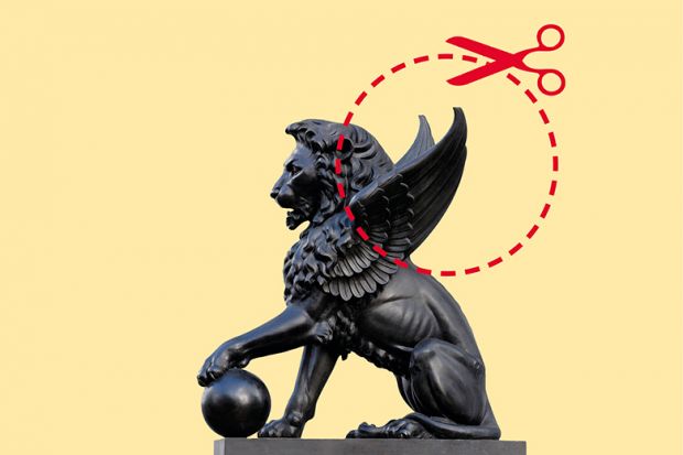 Winged lion with cut-out guide and scissors symbolising cut to UK science research budget